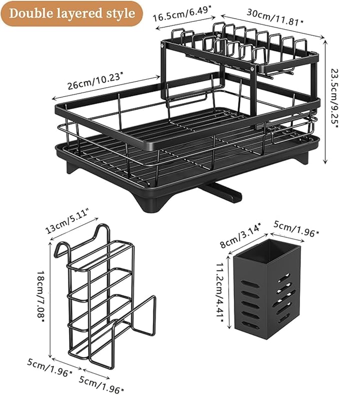 Drying Rack Kitchen, 2 Tier Dish Drying Rack, Space-Saving Large Dish Racks for Kitchen Counter with Drainboard Extendable Spout Strainers & Utensil Holder and Knife Slots (Black-2)