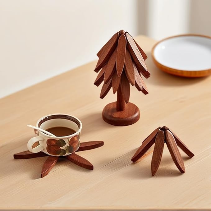 Foldable Walnut Wood Trivet Set for Hot Dishes,Tree Shape Coasters for Hot Pots And Pans, Natural Kitchen Decor With 4 Folding Pads and 1 Stand, Easy Storage