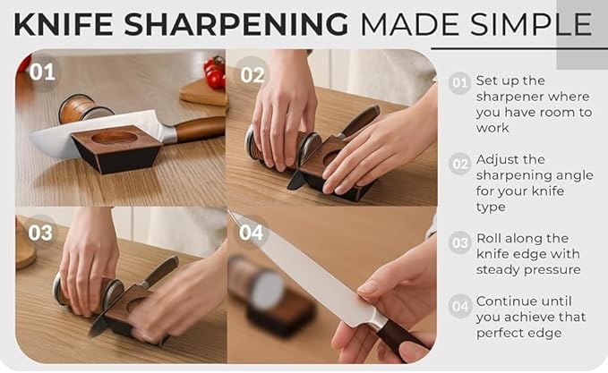Rolling Knife Sharpener Kit – Multi-Angle Kitchen Knife Sharpening Tool for Razor Sharp Edges – Diamond Roller Sharpener with Magnetic Base – 15, 17, 20, & 22 Degrees