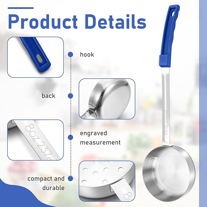 2 Pcs Portion Control Serving Spoons, Restaurant Measuring Serving Ladle Utensils, Portion Spoons for Weight Loss, Kitchen(Blue,8 oz,Solid and Slotted)