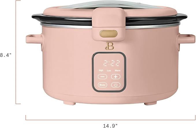 Beautiful 4-Qt Programmable Slow Cooker with Hinged Locking Lid & Touch Display – 3 Heat / 4 Timer Settings (Rose)