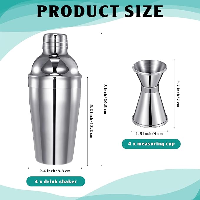 4 Packs Cocktail Shaker Set Martini Shaker Bulk Stainless Steel Martini Mixer with Strainer and Double Measuring Jigger for Bar Party Home Use Wine Bar Mixing Tool(18 oz/ 550 ml)