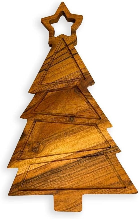 Christmas Tree Shaped Wood Cutting Chopping Board for Kitchen, Wooden Charcuterie Platter, Decorative Serving Tray, Cheese Boards,Christmas Gift 37.3L x 22.6W cm Natural Wood Brown