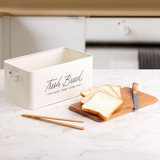 Talented Kitchen Countertop Bread Box - White Metal, Airtight Storage Container with Wood Cutting Board Lid & Side Handles - Wood Tongs Included - Bread Storage Container for Kitchen Organization