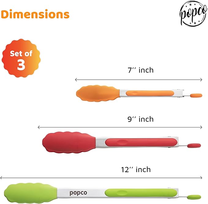 Popco 3 Piece Kitchen Tongs Set 7, 9, 12 Inch - Stainless Steel Nonstick Tongs with Silicone Tips - Heat Resistant and Dishwasher Safe for Cooking, Grilling, Salad, and Everyday Serving