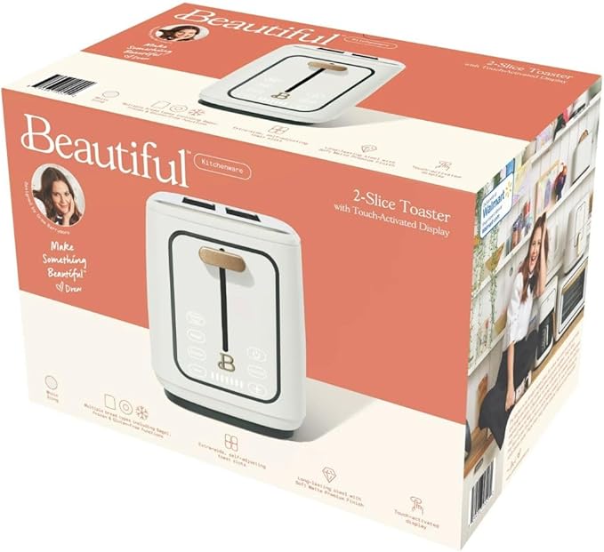 Beautiful by Drew Barrymore 2-Slice Toaster, Touch-Activated Display, 7 Shade Settings, Bagel/Frozen/Reheat Presets.