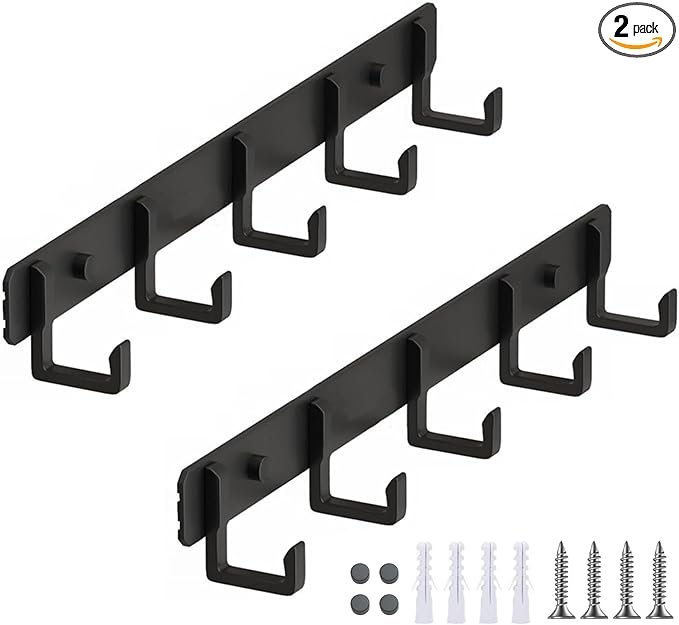 LUYU Matte Black Aluminum 5-Hook Wall Rack - 35lb Total Capacity Bathroom Organizer with Universal Anchors, 14" Space-Saving Design for Towels & Keys (2 Pack)