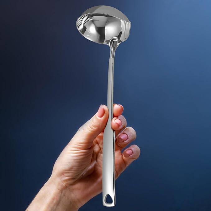 Stainless Steel Soup Ladle with Long Handle and Precision Pouring Spout Deep Serving Spoon for Soup Gravy Hot Pot Kitchen Utensil with Hanging Hole
