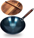 14 Inch Chinese Hand Hammered Iron Wok and Stir Fry Pans with Wooden Handle and Lid Round Bottom Wok Pan Non-stick No Coating Ideal for Home Use and Gift Giving