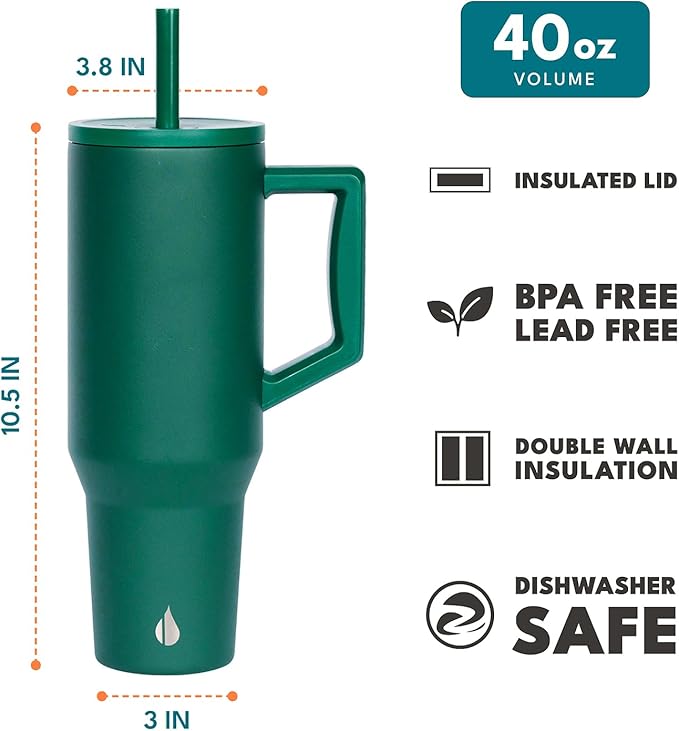 Elemental 40 oz Tumbler with Handle and Straw - Spill Proof Insulated Stainless Steel Commuter for Hot and Cold Beverages - Travel Coffee Mug with 2 Straws & Spill Proof Lid - 40oz - Forest Green