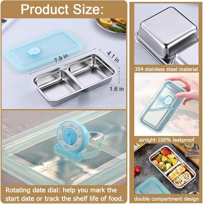 3 Pack Stainless Steel Snack Containers, Meal Prep Containers, Metal Bento Lunch Box with 2 Compartments, Dishwasher-Safe, Reusable Grab and Go Snack Containers with Lids for Travel, Office, Camping