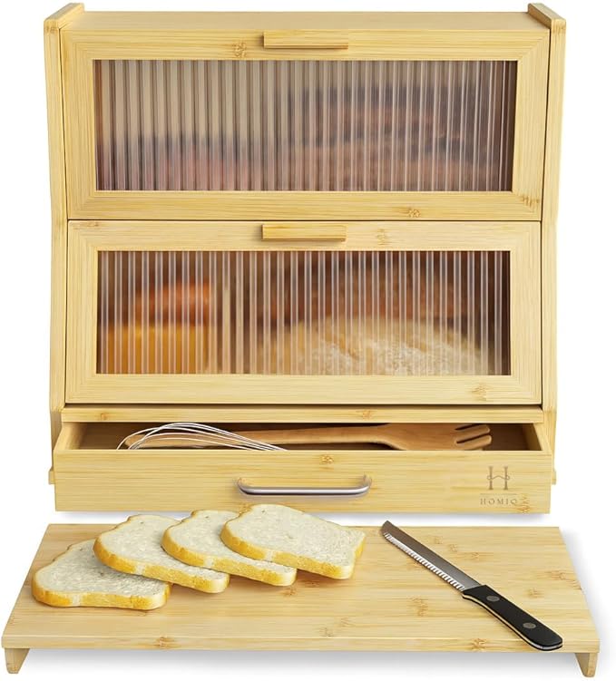 Bread Box for Kitchen Countertop - Bamboo Wood Breadbox with Knife Storage, Ventilation Holes - Farmhouse Loaf Organizer, Versatile 2 Layer Bread Storage Container for Snacks Mugs Spices