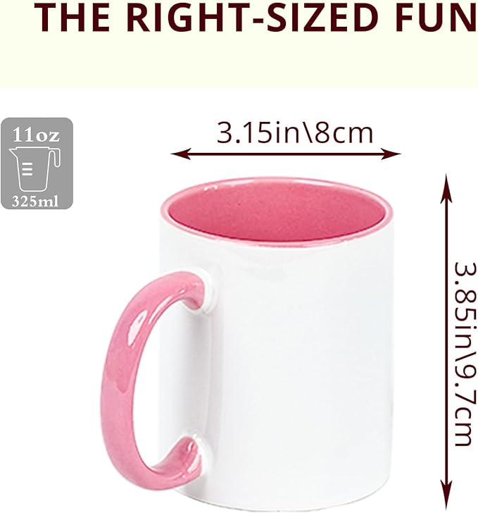 11oz White Ceramic Sublimation Coffee Mug With Solid Colors Inside and Handle Pink, Individual white gift box, Case of 12