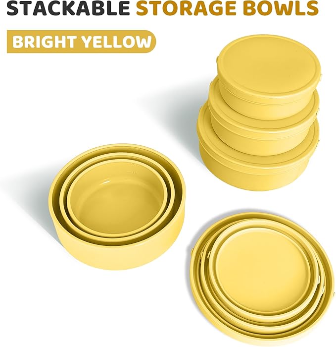 Silicone Food Storage Containers Bowl, Set of 3 Reusable Silicone Bento Lunch Box Containers with Lids (17oz, 25oz, 42oz) Dishwasher, Microwave and Freezer Safe (Bright Yellow)