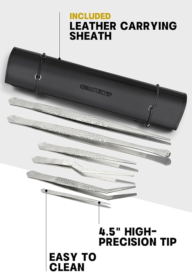 CREATIVECHEF Professional Kitchen Tongs Set - 10-inch Straight and 6.5-inch Offset Food tweezers with 4.5-inch Mini cooking tweezer，High-Hardness Titanium Chef's Tongs for Food Plating，Silver