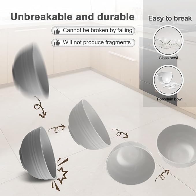 12 Pcs Unbreakable Cereal Bowls Set, 26 Oz Wheat Straw Bowls Set, Microwave & Dishwasher Safe Bowls for Kitchen, Reusable Plastic Bowls for Soup, Salad and Snack, BPA Free, Dark Gray