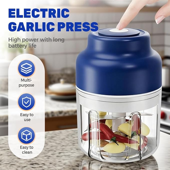 2026 Upgrade Electric Garlic Chopper, Mini Portable USB Charging Food Processor & Vegetable Chopper, Veggie Grinder for Garlic, Onion, Nuts, Herbs (Blue, 250ml)