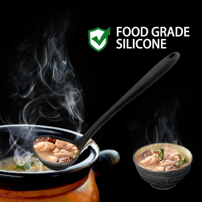 uxcell Silicone Soup Ladle Spoon 11.6 Inch Length Heat Resistant to 450°F One Piece Design Restaurant Kitchen Cooking Utensil for Serving Soup Black