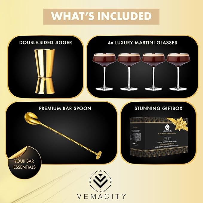 VEMACITY - Deluxe Espresso Martini Glasses Set of 4 | 10oz Coupe Glasses with Gold Rims for Champagne, Cosmopolitans - Includes Gold Jigger, Bar Spoon & eBook - | Ideal for Christmas & New Years