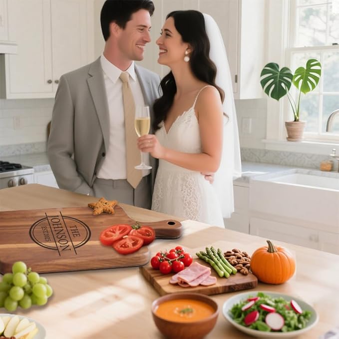 Personalized Wooden Engraved Cutting Boards with Handle, Custom Reversible Monogrammed Cheese Board S M L, Housewarming Wedding Gift for Family or Couple (Monogrammed)
