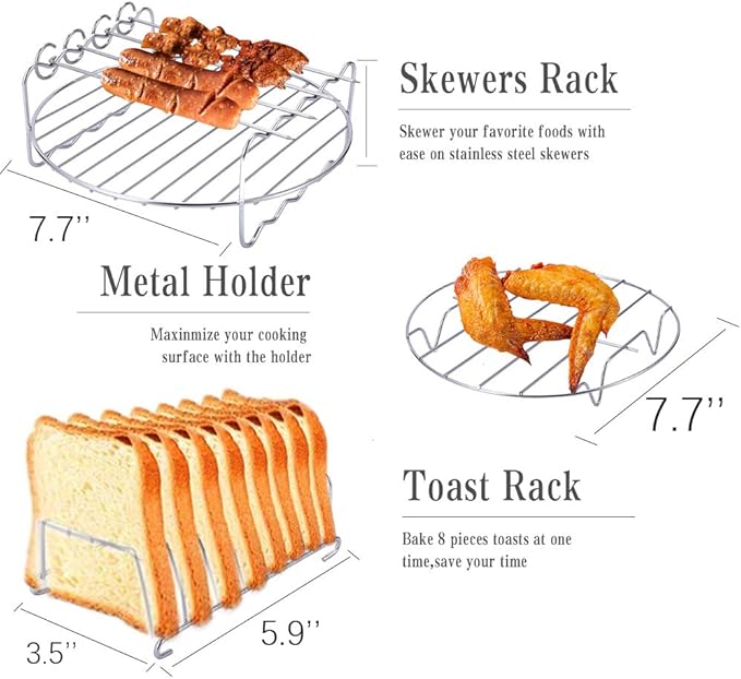 SIK Air Fryer Accessories 5PCS for GoWISE COSORI Philips Ninja Air Fryer, Fit 3.2- 5.8QT Deep Hot Air Fryer with Skewer Rack，Metal Holder, Toast Rack, Oil Brush, Food Tong, Dishwasher Safe BPA Free