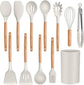 P&P CHEF Silicone Cooking Utensils Set, 12PCS Kitchen Utensils Set with Wooden Handle for Nonstick Cookware, Ladle, Spoon, Spatula, Tong, Heat-resistant & Non-scratch, Non Smell & Healthy, Khaki