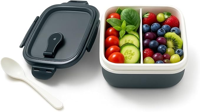 2-Compartment Bento Lunch Box – Leakproof, BPA-Free, Microwave & Dishwasher Safe Meal Prep Container – Compact & Reusable Food Storage for Work, Gym, or Travel (Slate Grey)