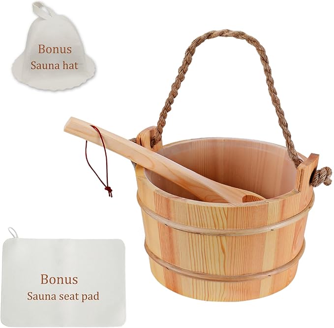 Novalty Handmade Sauna Bucket & Ladle Set Traditional Wooden Water Bucket 5 Liter (1.3 Gallon) with Plastic Liner, Bonus Sauna Hat and Seat Pad for Home Hotel Sauna Room Sauna Heater