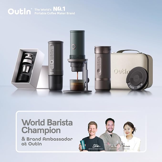 OutIn Nano Portable Electric Espresso Machine, Travel Coffee Maker for Camping, Car Coffee Maker Self-Heating with USB-C, With Ground Coffee & NS Capsule for RV, Hiking, Office