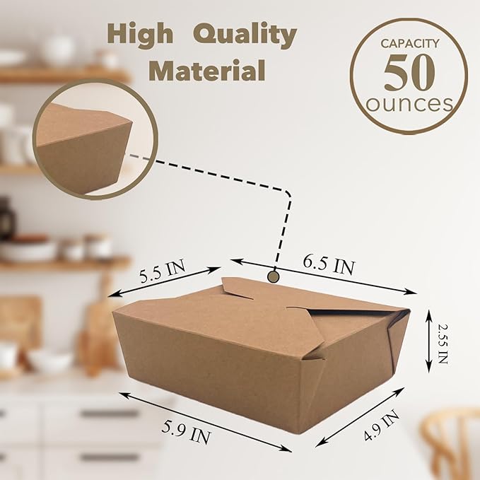 50Oz 50Pcs Disposable Take Out Food Containers Brown Food Boxes To Go Kraft Paper Takeout Box Microwaveble (50OZ-50PACK)