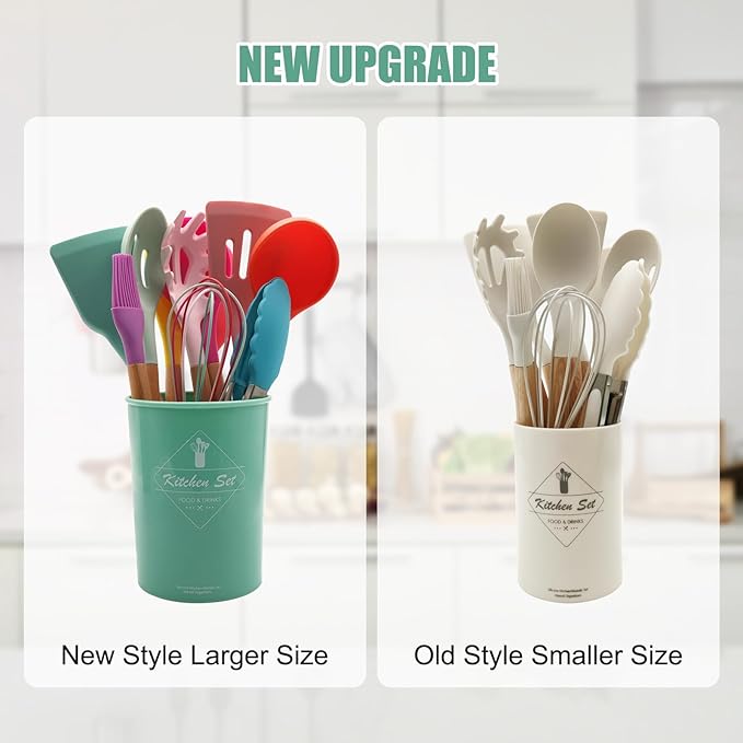 Kitchen Utensils Set of 12, Silicone Cooking Utensils with Non-Slip Wooden Handle and Organizer Bucket, 446°F Heat Resistant Cookware Utensils Set (Assorted Colors-Upgraded)