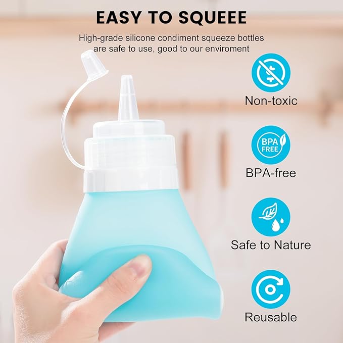 Condiment Squeeze Bottles, 16 oz Silicone Squeeze Bottles For Sauces, Leak Proof Condiment Containers with Extra Interchangeable lid, Easy Squeeze for Oil, Honey & Dressings, BPA FREE (4 Pack)