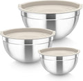 TeamFar Mixing Bowls, Stainless Steel Nesting Salad Bowls with Airtight Lids Set, For Serving/Mixing/Storing, Rust-proof & Heavy Duty, Dishwasher Safe, Set of 3-4.6/3 / 1.5 QT, Khaki