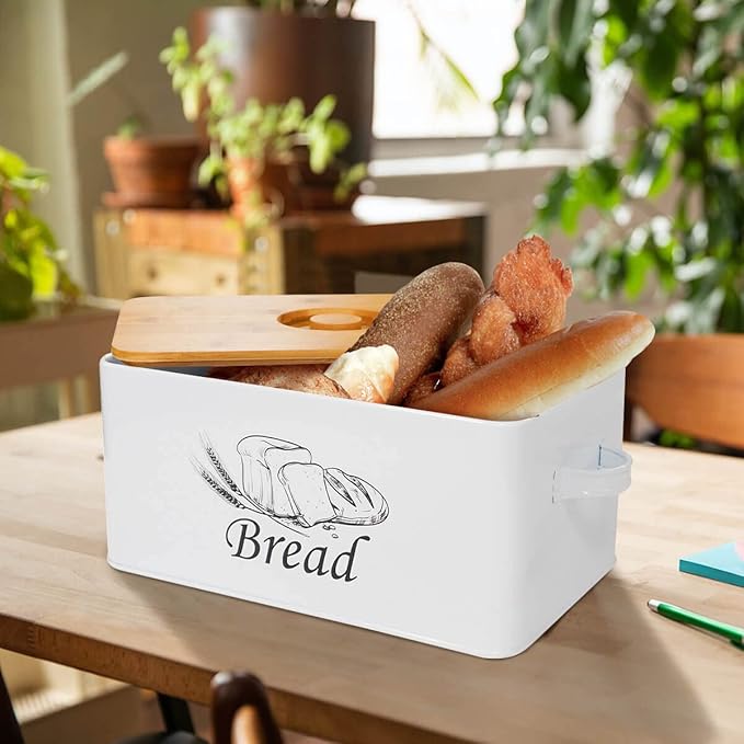 SOTECH Bread Box with Cutting Board and Handle Bread Holder with Bamboo Lid for Kitchen Countertop,Loaf Bread Storage Container Farmhouse Bread Bin