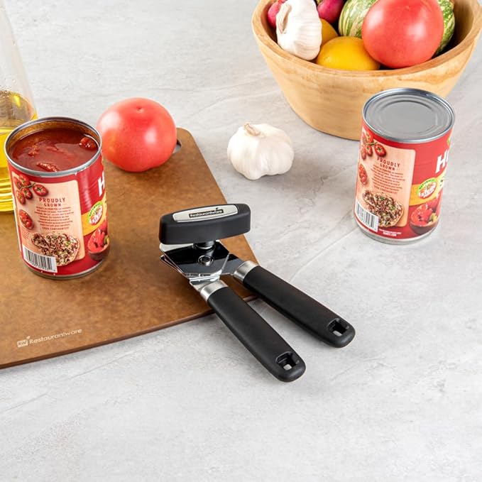 Restaurantware Comfy Grip 7.6 x 1.9 x 2.1 Inch Can Opener 1 Durable Manual Can Opener - Sharp Wheel Blade Grip Handle Black Stainless Steel Hand-Held Can Opener Built-In Bottle Opener