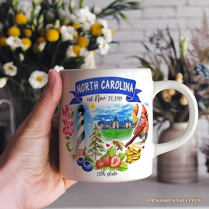 OrnamentallyYou State Travel Landmark Mugs – 12 oz Ceramic Coffee Cups, U.S. Souvenir Gift for Tourists (Artistic North Carolina State Themes and Landmarks Mug)