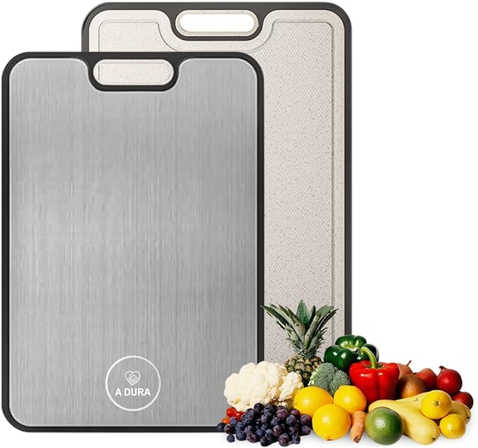 A DURA Titanium Cutting Board with Double-Sided Design - Pure Titanium, Wheat Straw PP, Juice Groove Garlic, Grinding Zone Chopping Board for Meat, Vegetables & Fruits, Dishwasher Safe, Easy to Clean,
