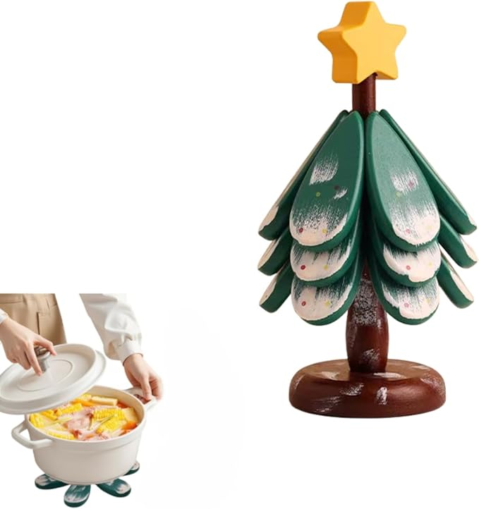 Christmas Tree Trivet,Wooden Tree Trivet Set of 4 Wooden Trivets & 1 Stand Like a Christmas Tree, Foldable Kitchen Wooden,for Hot Dishes Pot Bowl Teapot Hot Pot Holder (Star 3pair)