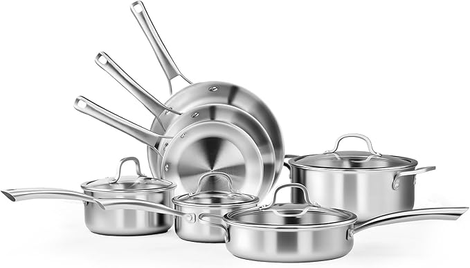 VINGLI 11 Pcs Cookware Set, Stainless Steel Pots and Pans Set with Lids, Non-Toxic Saute Sauce Pot, Soup Pot, Frying Pan, PFOA & PTFE Free, Compatible for All Cooktops (11 Cookware Set)