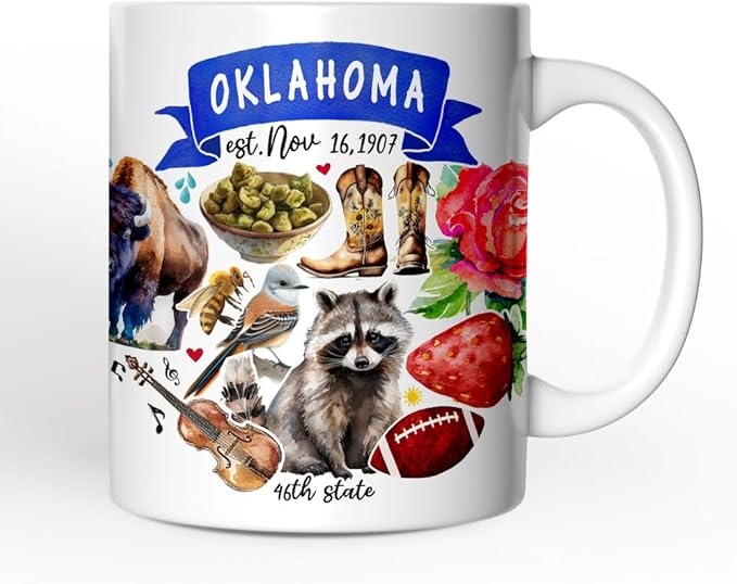 OrnamentallyYou State Travel Landmark Mugs – 12 oz Ceramic Coffee Cups, U.S. Souvenir Gift for Tourists (Artistic Oklahoma State Themes and Landmarks Mug)