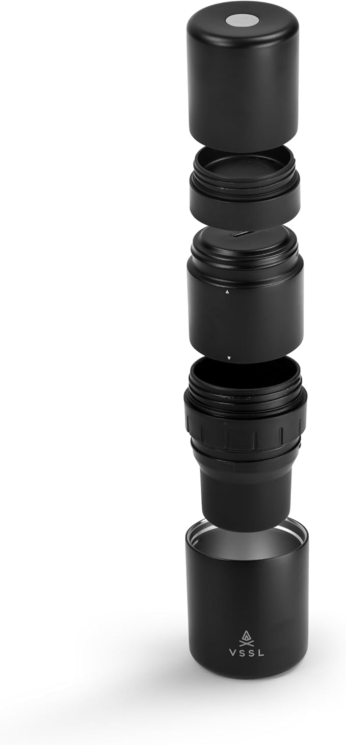 VSSL Nest Pour Over Coffee Kit + Java G25 Grinder Gift Set, Contains Two 10 Oz Mugs, Splash Proof Lid, Pour Over Coffee Dripper, Java G25 Grinder and Storage Connector, Black