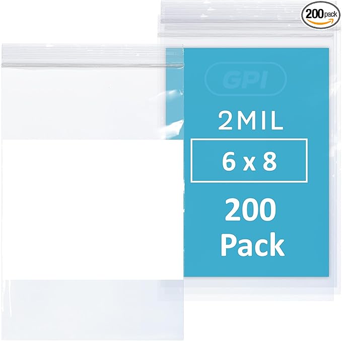 200 Count, 6" x 8" Zip Bags, 2 Mil Thick Clear Plastic Reclosable Zipper Lock Bags with Write-on White Block, with Resealable Zip Top Lock for Food Storage, Sandwiches, Jewelry, Candy.