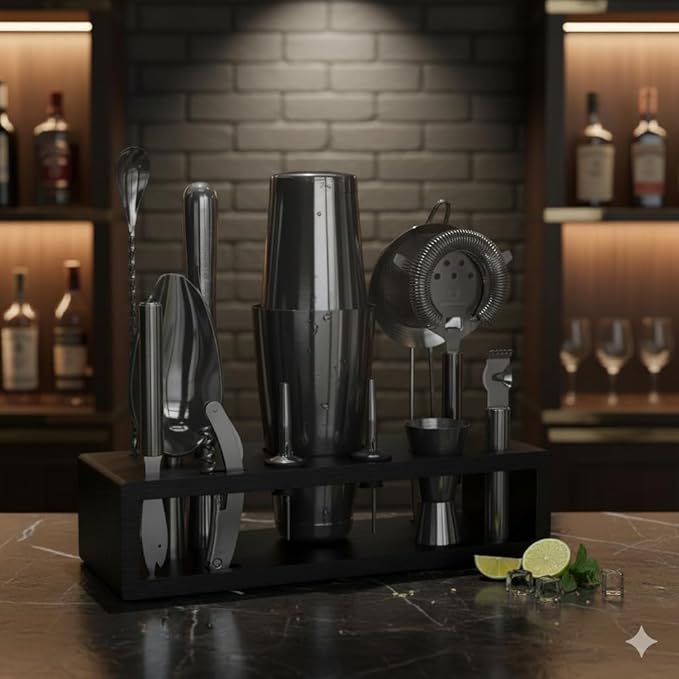 Highball & Chaser 13-Piece Gunmetal Black Stainless Steel Boston Cocktail Shaker Bar Tool Set with Mixology Bartender Kit Accessories