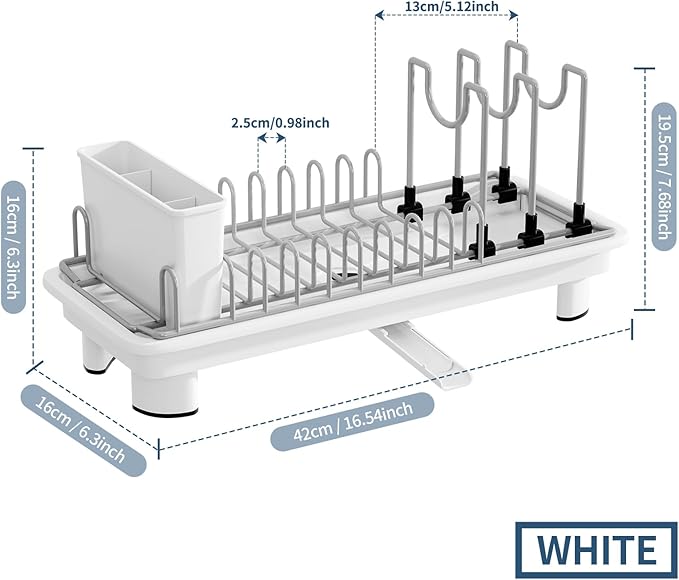 Compact Dish Drying Rack with Utensil Holder – Small Countertop Dish Drainer with 360° Rotating Drain Spout, Stainless Steel Dish Rack for Kitchen Sink, Space-Saving Design for Small Kitchen, White