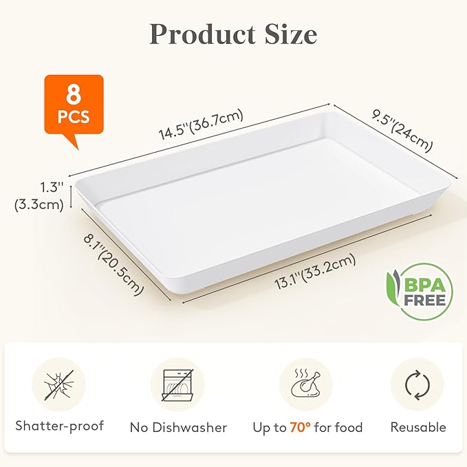 Lifewit 8 Pcs Plastic Serving Tray for Party Supplies, 15" x 10" White Trays for Serving Food, Reusable Large Platter for Buffet, Fruit, Dessert, Veggie, Holiday Christmas Essentials, Rectangle