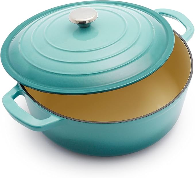Sur La Table 7-Qt Enameled Cast Iron Dutch Oven – With Lid for Braising, Baking & Deep Frying, Induction Compatible, Oven to 500°F, Seals in Moisture for Flavorful Results, Light Blue