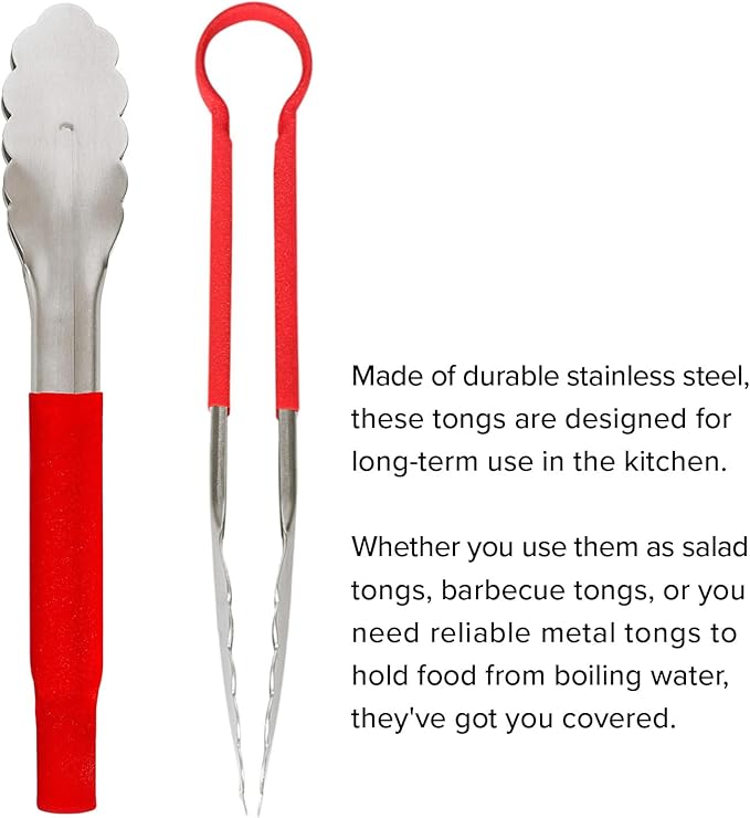LZMS 4pcs 9 1/2" Red Atmospherei Stainless Steel Grill Tongs,Kitchen Tongs with Non-Slip Grip for Cooking,BBQ,Buffet Dinner