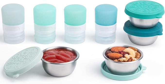 8-Pack Salad Dressing Container To Go, 1-oz Silicone Small Condiment Squeeze Bottles and 1.6 oz Stainless Steel Sauce Containers Cups, Leakproof Condiment Containers with Lids for Lunch Box