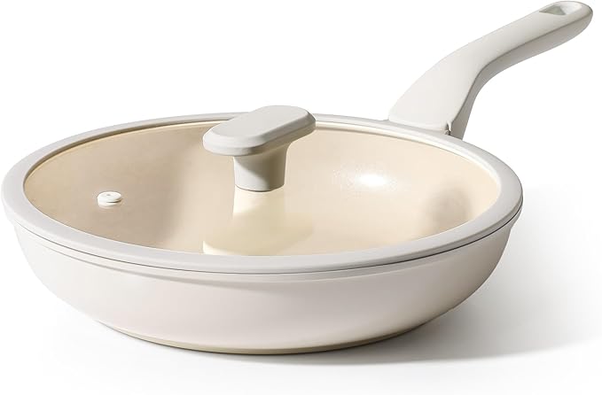 PRICUSIS Nonstick Ceramic Frying Pan with Lid, 8/10 Inch Skillet with Stay Cool Handle, Fully Coated, 100% Dishwasher Safe, Oven Safe, PTFE PFAS & PFOA Free (8 Inch, Coconut White