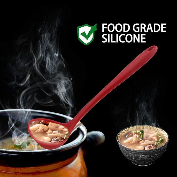uxcell Silicone Soup Ladle Spoon 11.6 Inch Length Heat Resistant to 450°F One Piece Design Restaurant Kitchen Cooking Utensil for Serving Soup Red